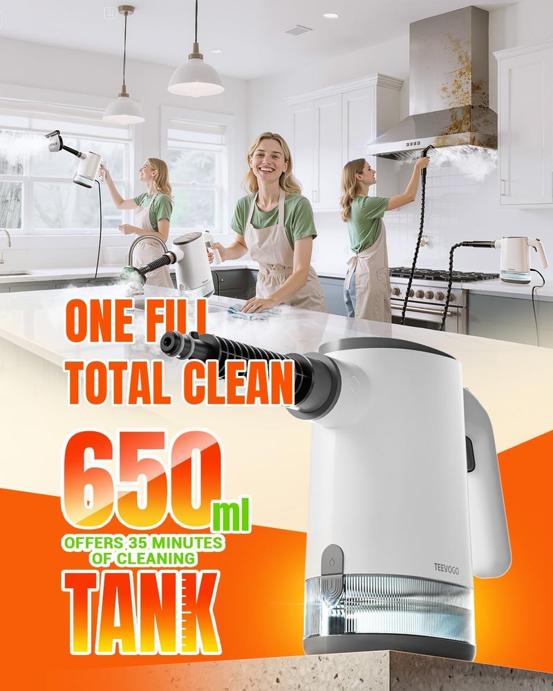 TEEVOGO Pressurized Steam Cleaner, 15s Instant Heat Handheld Steam Cleaner, Upgrade 650ML Tank, Lightweight Portable Steamer for Cleaning Home, Kitchen, Grout, Floor, Window, Car, Bathroom and Clothes - Image 5
